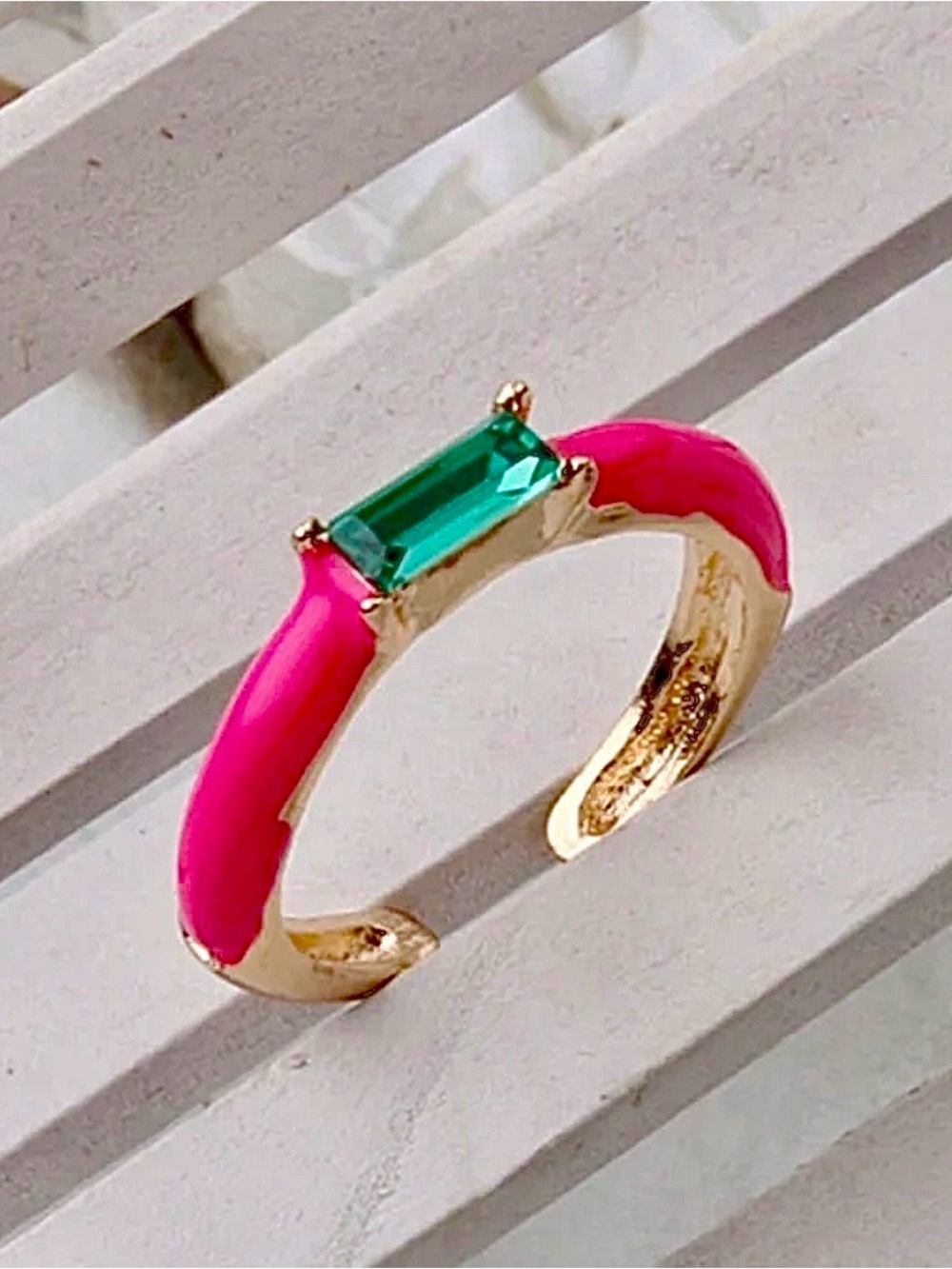 Brand New Stackable Gold Pink Enamel Ring with Green Rectangle Stone